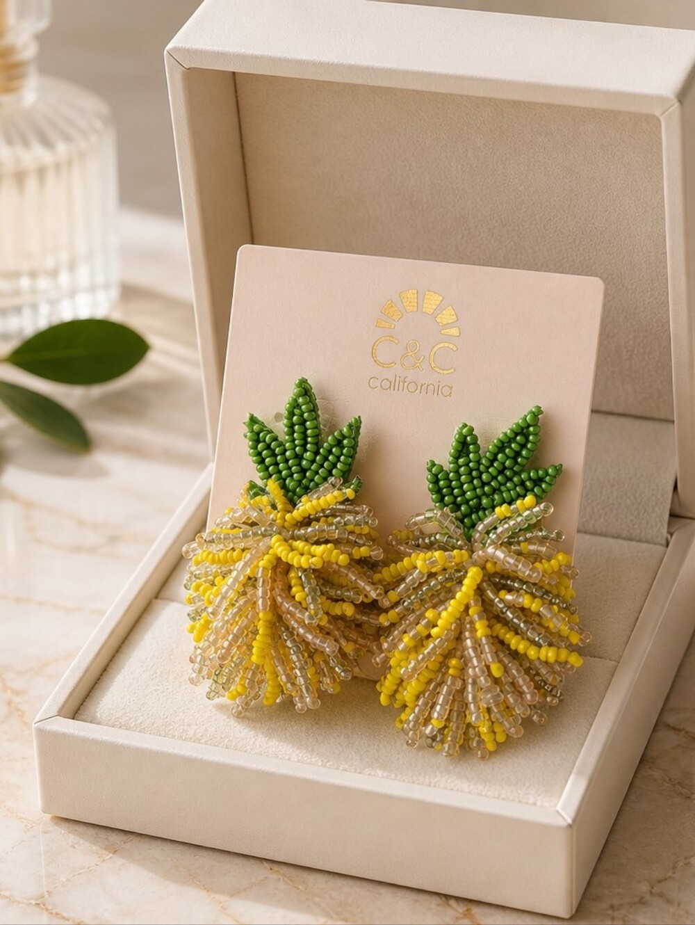 C&C California Beaded Pineapple Drop Earrings - Yellow & Green